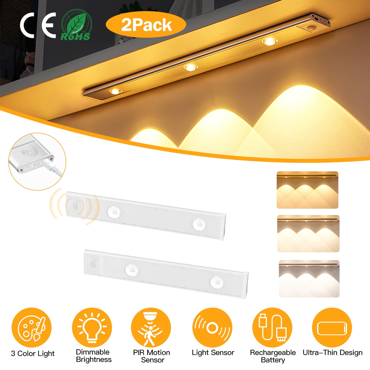 iMounTEK 7.9in Under Cabinet Lights with Motion Sensor, Rechargeable LED Under Cabinet Lighting Wireless Light for Kitchen, Wardrobe, Cupboard, Silver(2Pcs)