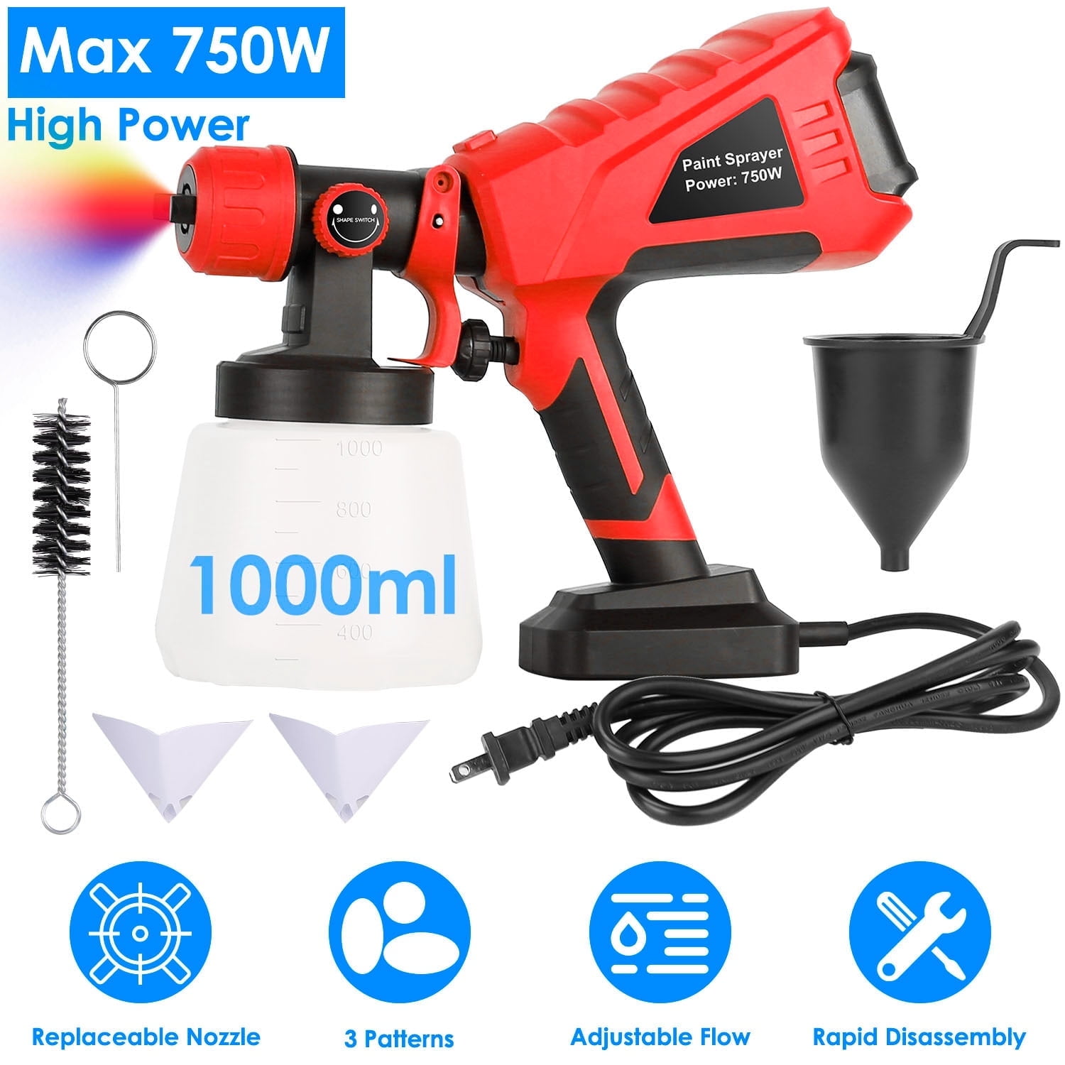 Moclever 750W Electric Paint Sprayer 1000ML HVLP Spray Painter with 3 Patterns for Brick Walls, Red