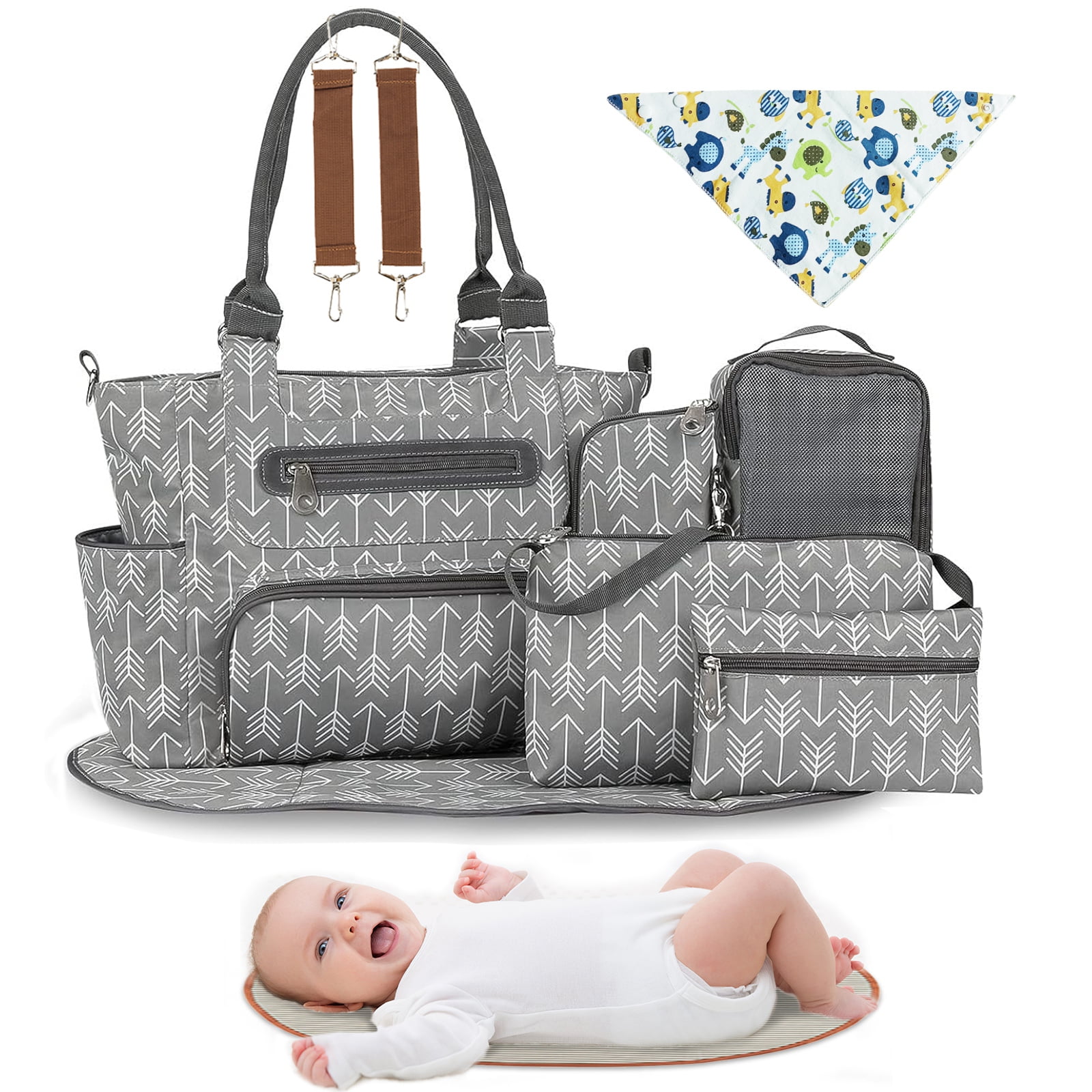 iMounTEK 8PCS Diaper Bag Tote Set, Baby Bags for Mom, Dark Grey