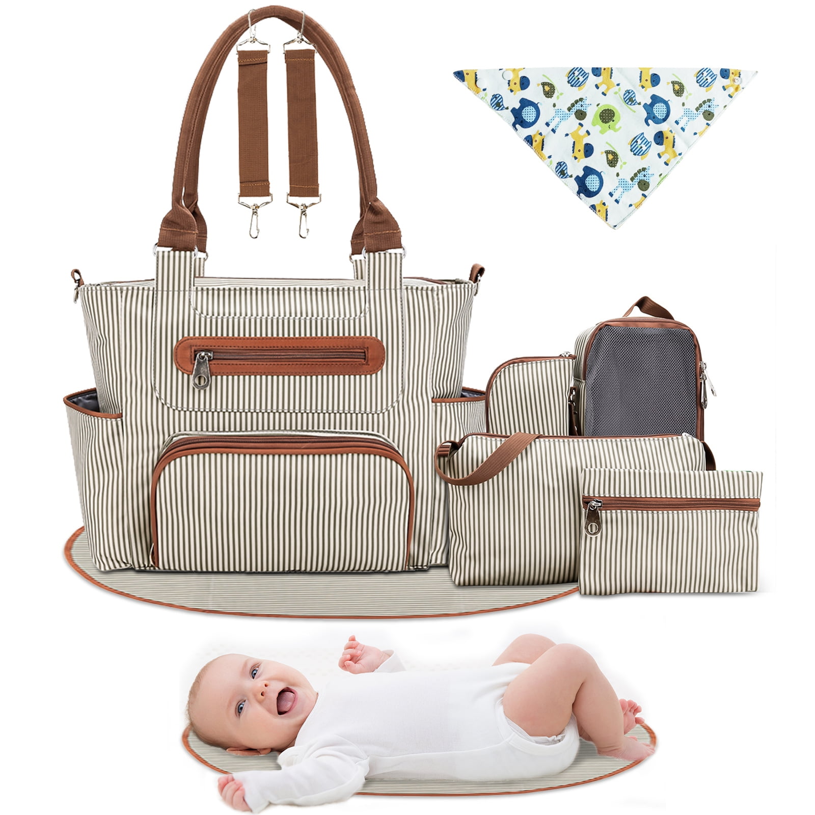 SUNVENO Diaper Bag Tote For Moms - Large Capacity Baby Bag With Changing Pad, Water-Repellent Canvas & Leather