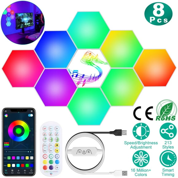 Moclever 8Pcs Hexagon Light Panels RGBW Colorful Splicing Wall Lamps with App Remote Line Control Timing 16 Million Colors 213 Styles for Home Decor