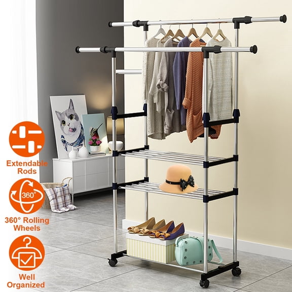 iMounTEK Adjustable Double Rods Clothes Garment Rack, Rolling Clothing Rack with Bar Rails for Hanging Clothes and Shoes, 3 Layers