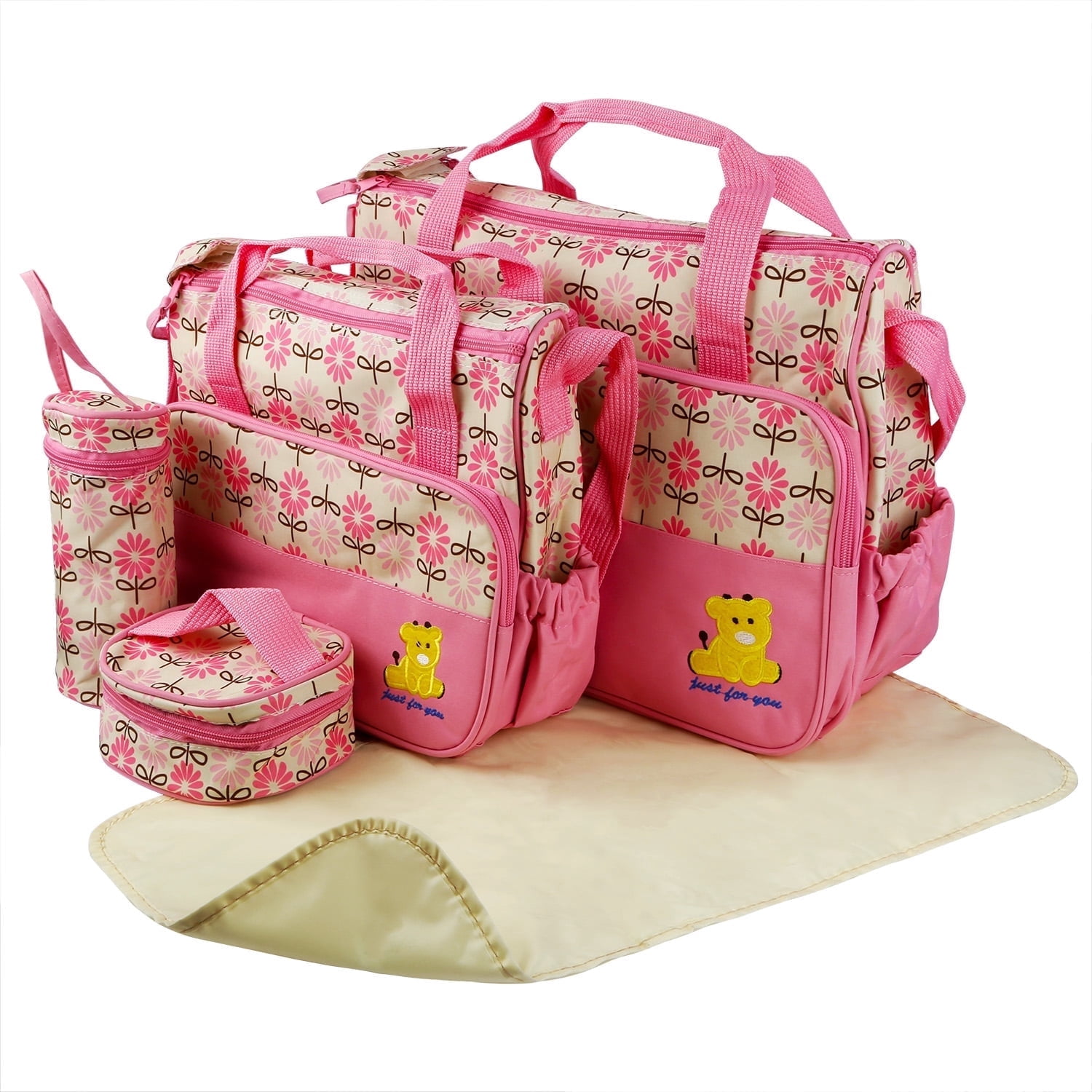 iMounTEK Baby Diaper Tote Stylish Nappy Messenger Insulated Bag 5 Piece Set Large Medium Handbag, Food/Bottle Bag, Pink