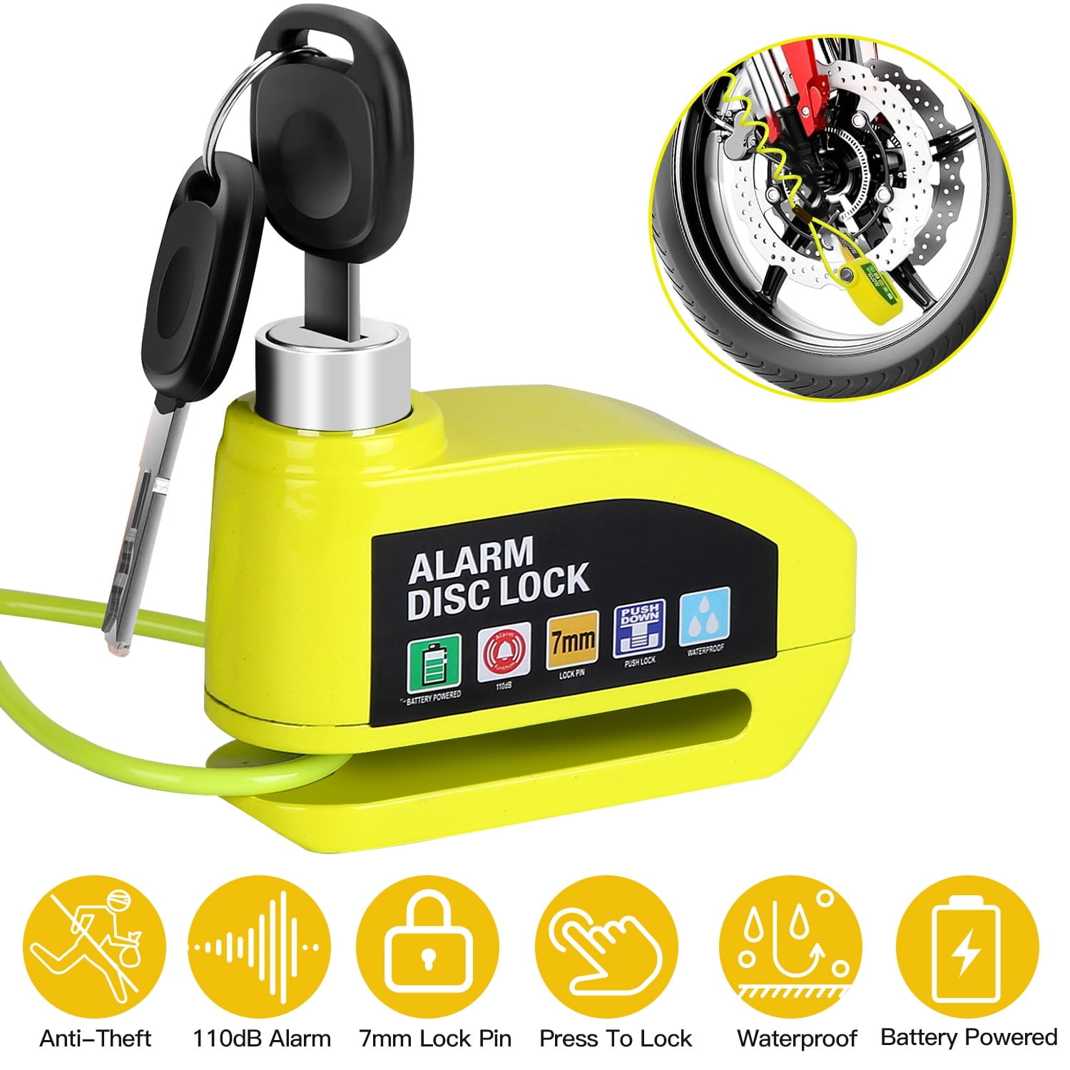 iMounTEK Alarm Disc Lock Motorcycle Disc Brake Lock Security Wheel Disc Lock Waterproof 110dB Alarm Sound for Motorbike Bike Scooter