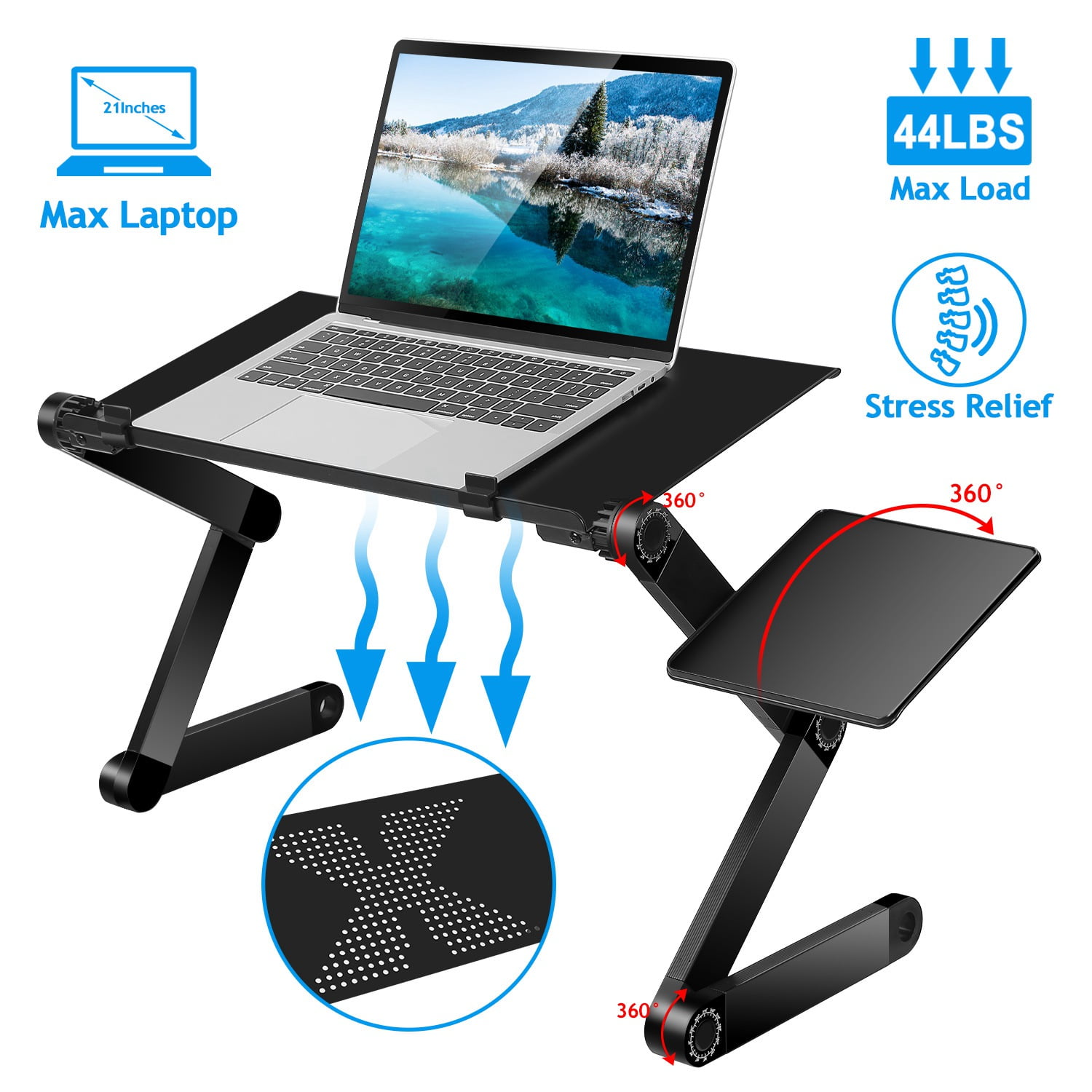 TeqHome Aluminum Foldable Laptop Table Stand ,360 Adjustable Portable Vented Lap Desk with Mouse Pad For Sofa Bed