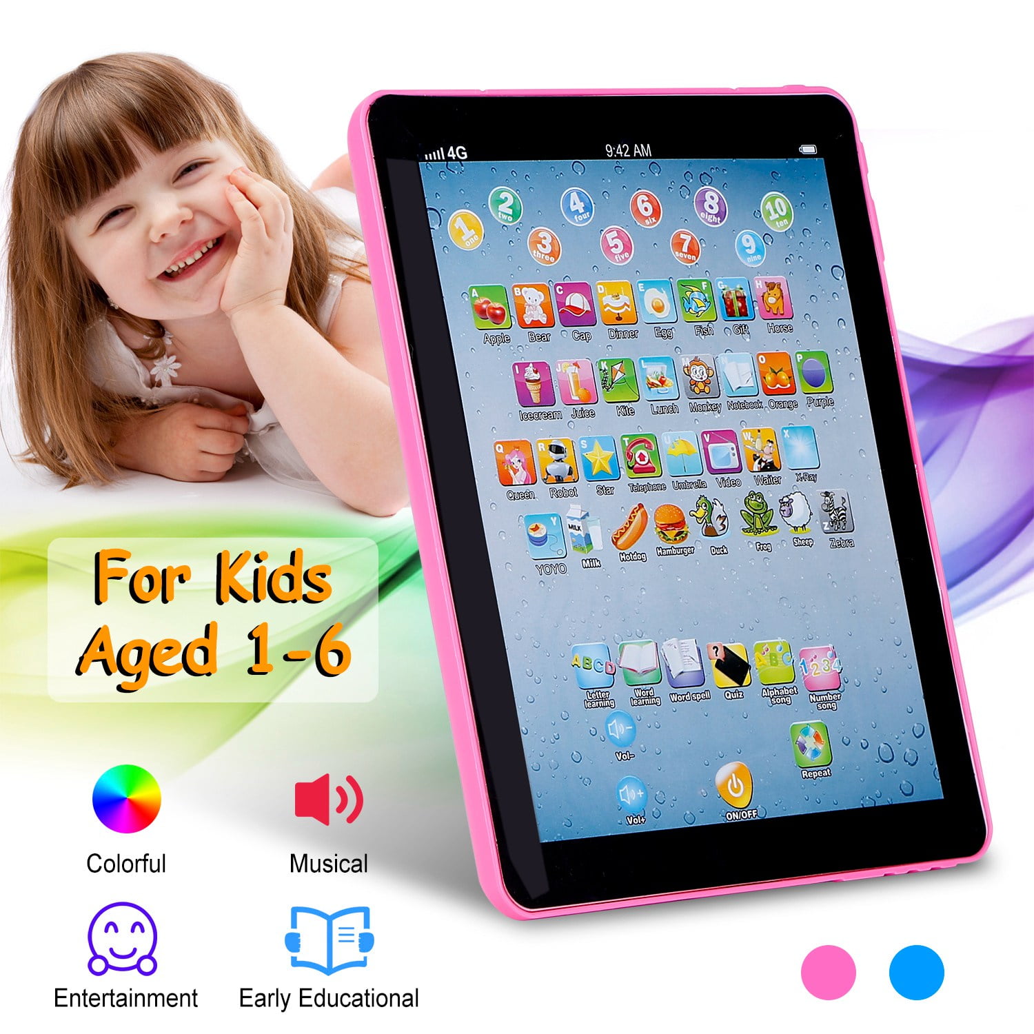 TeqHome Baby Learning Tablet Educational Mini Pads Toys Touch Learn Toddler Tablet Gift for Boys Girls Aged 1-6 Year Old Kids Pink