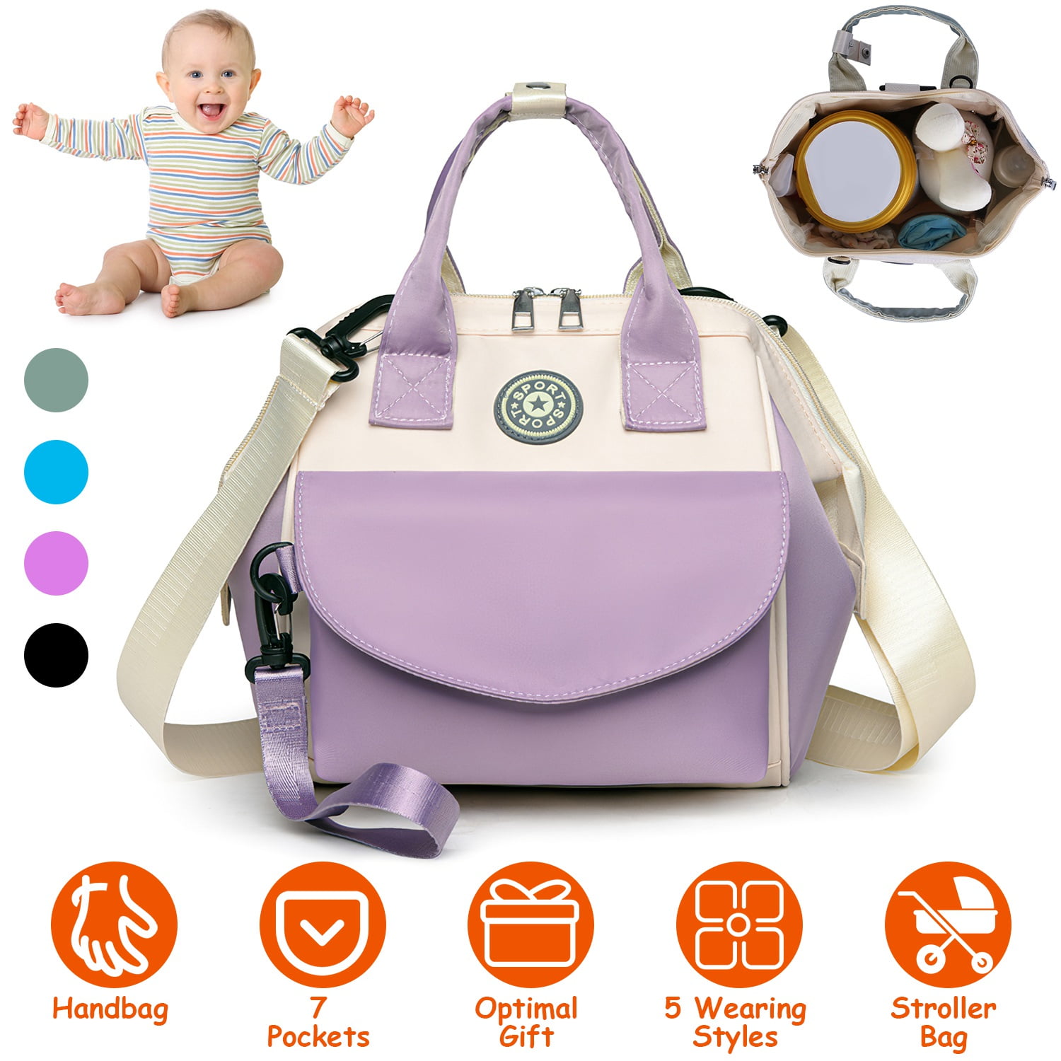 Moclever Baby Nappy Diaper Bag with Insulated Pockets Adjustable Shoulder Strap Diaper Handbag 5 Ways to Wear for Mom, Purple