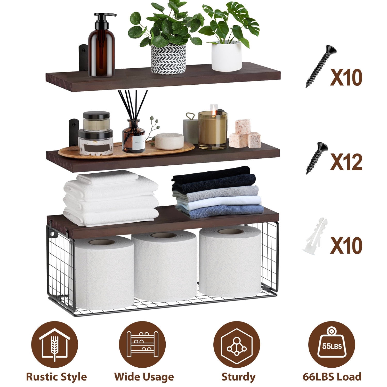 Rustic Brown Pine Wood Floating Shelves with Wire Basket
