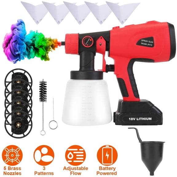 TeqHome Battery Operated Paint Sprayer, Cordless Painting Sprayer Gun Easy Use for Fence Furniture Ceiling Walls Automotive, Power HVLP Spray Gun with 800ML Container & 5 Nozzles & 3 Spray Patterns