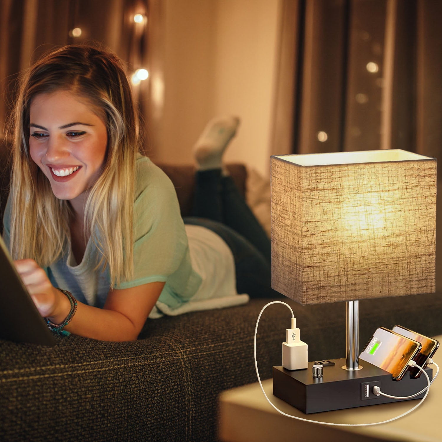 iMounTEK Beige Wooden Table Lamp with Dimmer, Dual USB Ports & AC Outlets - 2700K Warm LED Bulb, 5V 2.1A USB Output - Modern Fabric Shade, 110V/60Hz, 60W Power