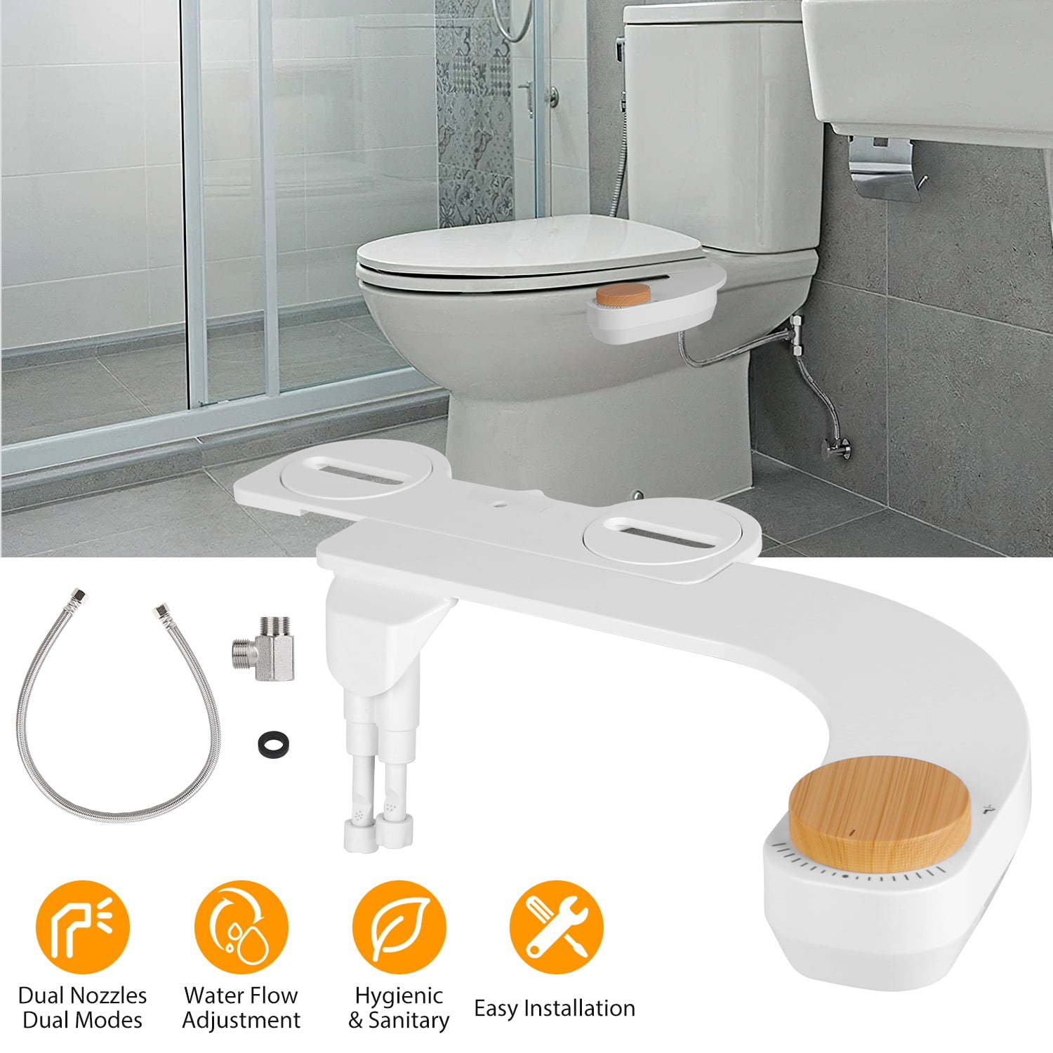 Moclever Bidet Attachment Non-Electric Fresh Water Bidet Sprayer Toilet Bidet Attachment with Dual Nozzles Water Flow Control