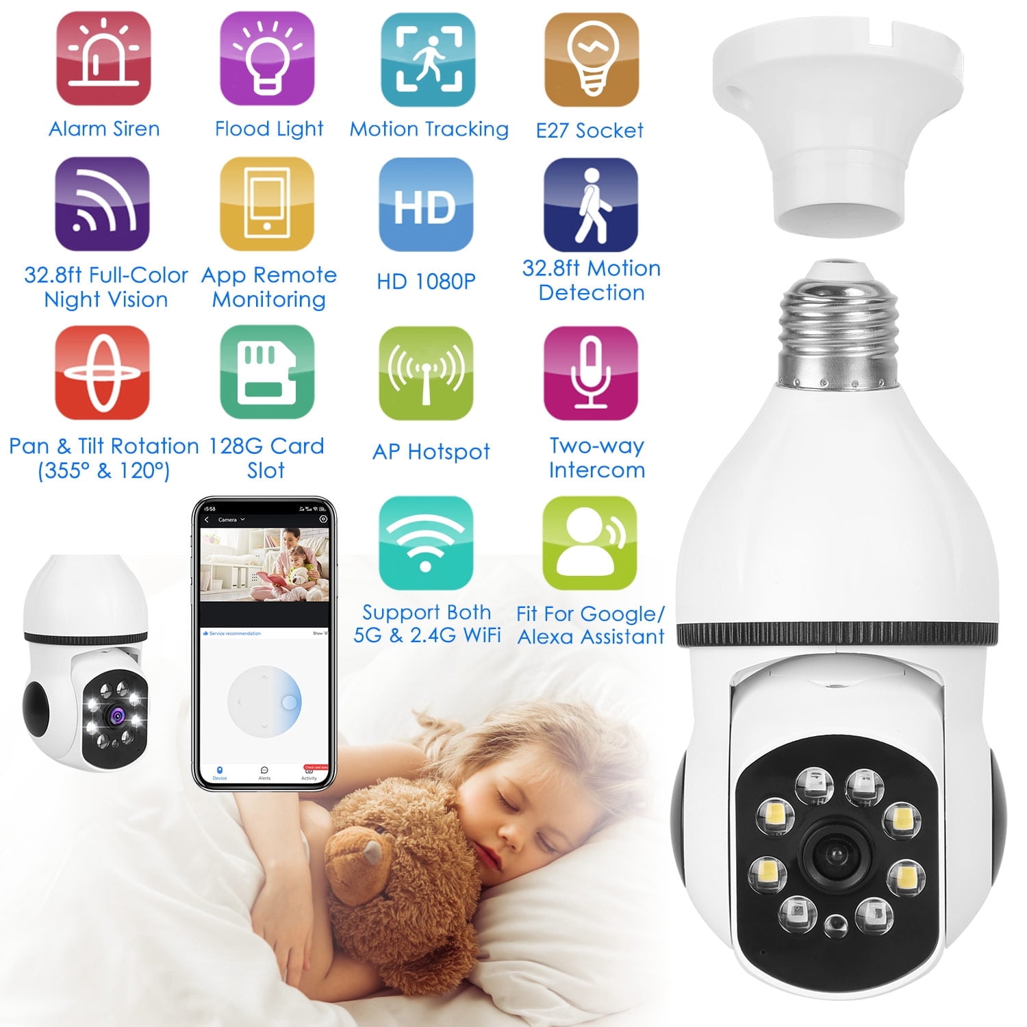 iMounTEK Cameras Bulb E27, Home Security Cameras Outdoor with Full Color Vision, Motion Detection, Two Way Audio, 5GHz/2.4GHz WiFi