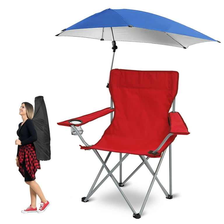 iMounTEK Camping Chair, Foldable Beach Chair with Clamp-On Adjustable Umbrella, Detachable Camping Lawn Chair for Outdoor Picnic BBQ Fishing, Red