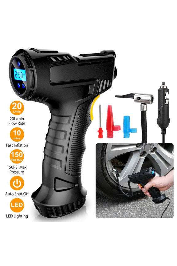 DC 12V Portable Car Tire Inflator, 150PSI Digital Air Pump Compressor with LED Light Auto Shut-Off for Cars Bikes Balls