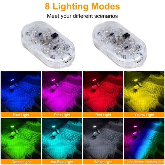 iMounTEK Car Interior And Strips Lights, 4 Pcs Led Strip Light Music RGB Car Lights 8 color, USB Rechargeable Under Dash Interior Lights for Car