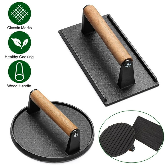 Moclever Cast Iron Grill Press Smash Burger Press with Wood Handle 7in Round and 8.2x4.25in Rectangular Grill Press, Black