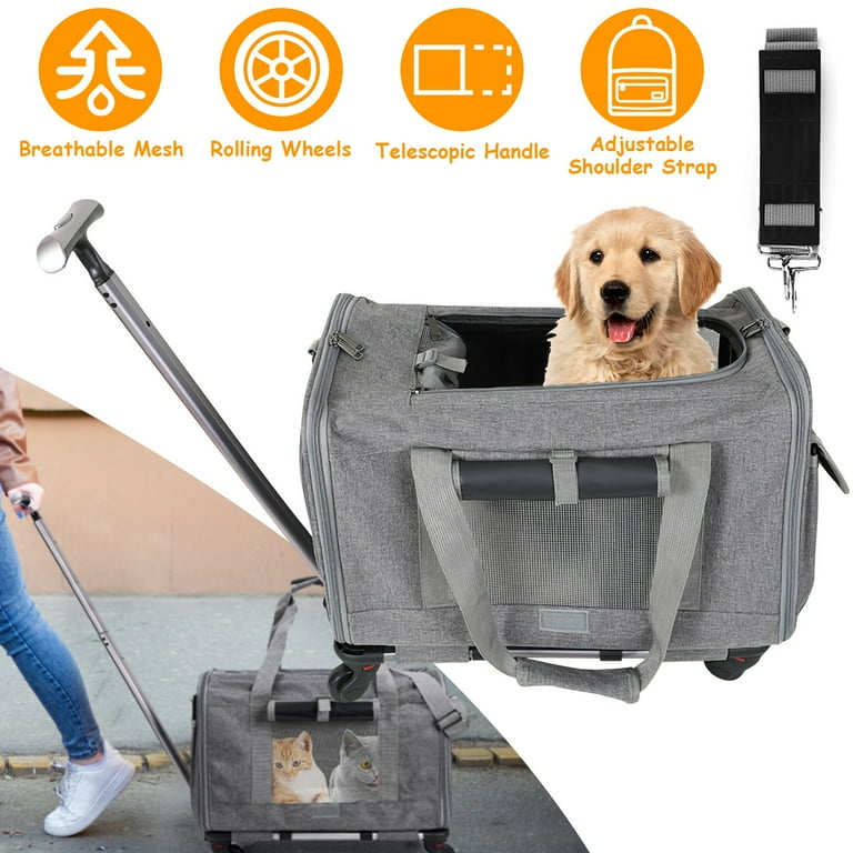 VEVOR Cat Carrier with Wheels, Airline Approved Rolling Pet Carrier with Telescopic Handle and Shoulder Strap, Dog Carrier