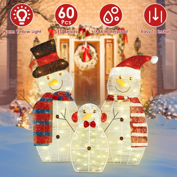 iMounTEK Christmas Lighted Snowman Family Outdoor Decoration, 3Pcs 2D Snowman 90Pcs LED Warm Yellow Lights 8 Lighting Modes Indoor Outdoor Holiday Display( USB Plug)