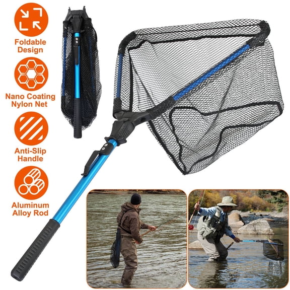Moclever Collapsible Fishing Net, Portable Landing Net with Aluminum Alloy Rod EVA Handle 5mm Hexagonal Nano Coating Nylon Mesh for Freshwater Saltwater, Black