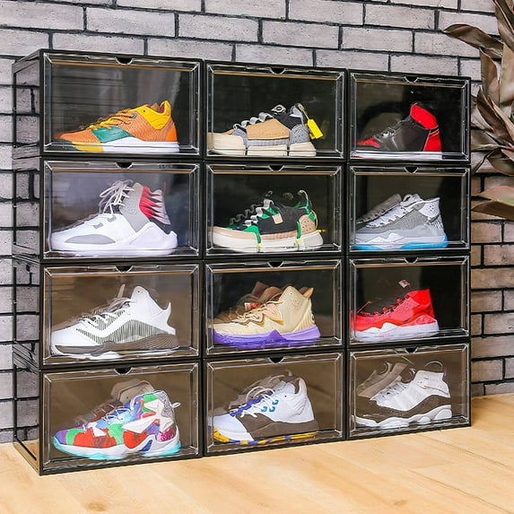 iMounTEK Collapsible Shoe Box Stackable Shoe Storage Bin with Magnetic Door Shoe Organizer - Set of 6 - Black