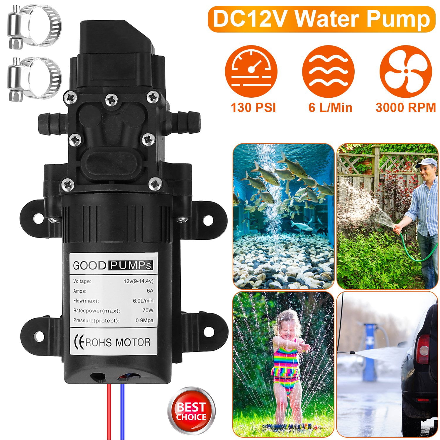Imountek 12V 70W Electric Diaphragm Water Pump, 130PSI Self Priming Sprayer Pump with 2 Hose Clamps for RV Camper Marine Boat