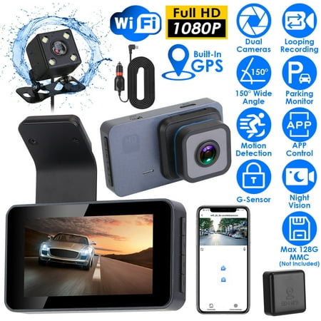 iMounTEK Dash Cam for Cars Front and Rear 1080P Full HD in Car Camera Dual Lens Dashcam withWiFi GPS and G-Sensor APP Control Motion Detection Parking Monitor Night Vision