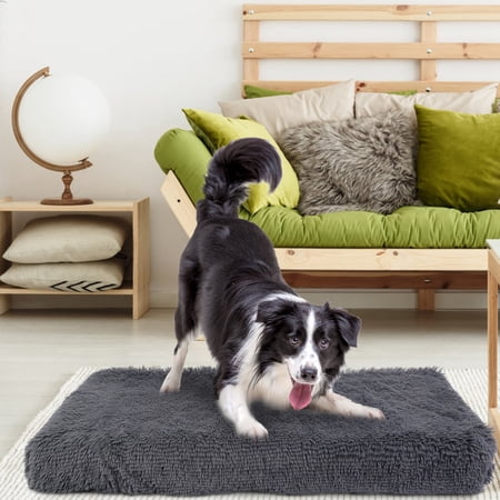 TeqHome Dog Bed Soft Plush Cushion Cozy Warm Pet Crate Mat Dog Carpet Mattress with Long Plush for Big Dogs and Cats L Size (Dark Grey)