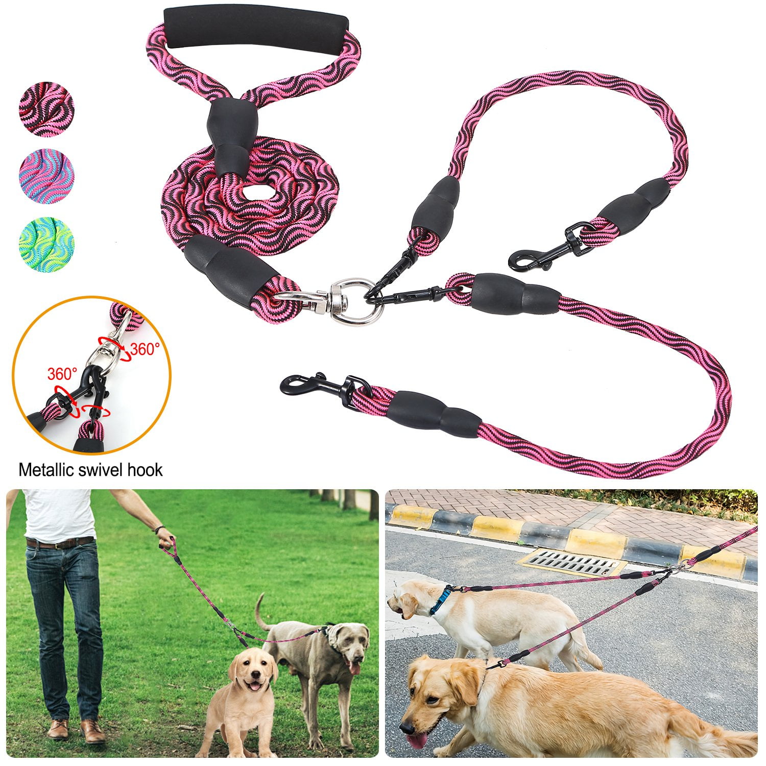 Dual Dog Leash, Double Dog Leash, 360 Swivel No Tangle Walking Leash, Shock Absorbing Bungee For
