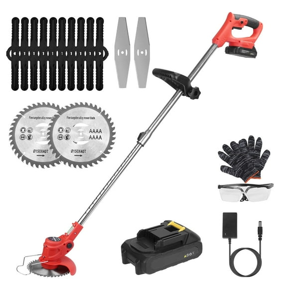 iMounTEK Electric Cordless Grass Trimmer Rechargeable Grass String Trimmer Garden Weed Cutter Lawn Mower with 12 Blades 2 Rechargeable Batteries Goggles Gloves