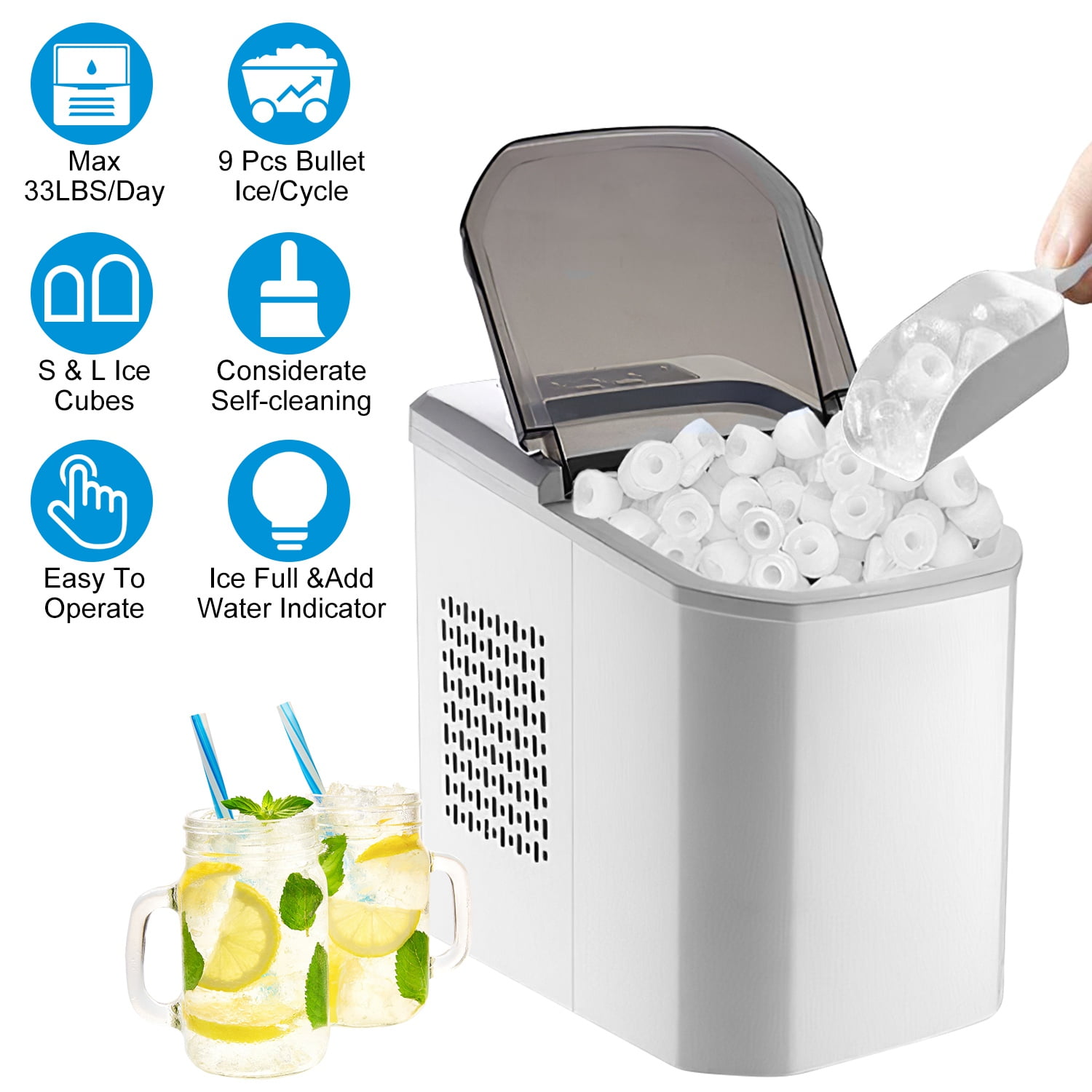 Moclever Electric Ice Maker Machine, Countertop Ice Maker Self-Cleaning Max 33LBS/24Hrs with Ice Scoop Basket for Home Office Party, White
