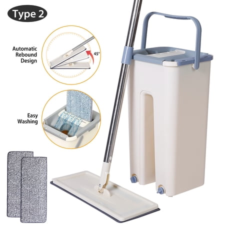 TeqHome Flat Floor Mop Bucket Set 360 Degree Flexible Rotation with 2Pcs Microfiber Mop Pads Wet Dry Use Stainless Steel Handle for Hardwood Laminate Tile
