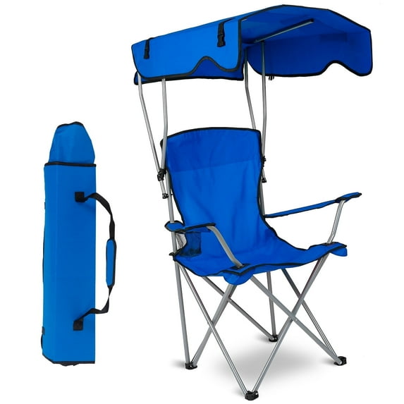 Folding Camping Chair with Canopy Shade 600D Oxford Portable Camping Chair with Cup Holder Support 330lbs Blue