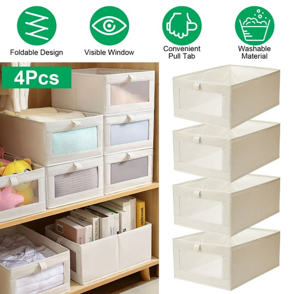 iMounTEK Foldable Closet Organizer Bins with Window, Beige, 4 pieces, 16.14 x 10.82 x 6.49 Inches