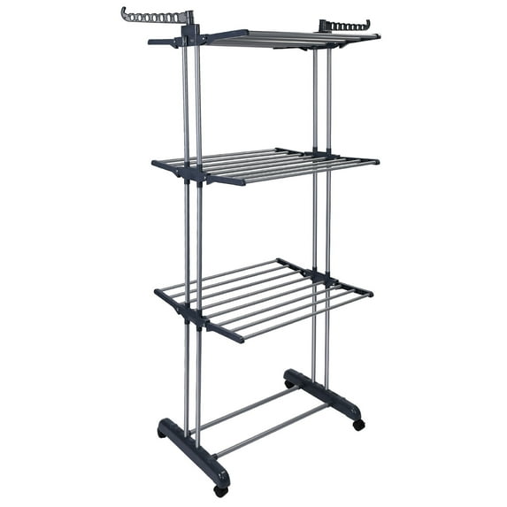 Moclever Foldable Clothes Laundry Rack 3 Tier Clothes Drying Rack with Stainless Steel Hanging Rods, Gray