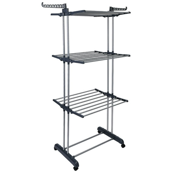 Moclever Foldable Clothes Laundry Rack 3 Tier Clothes Drying Rack with Stainless Steel Hanging Rods, Gray
