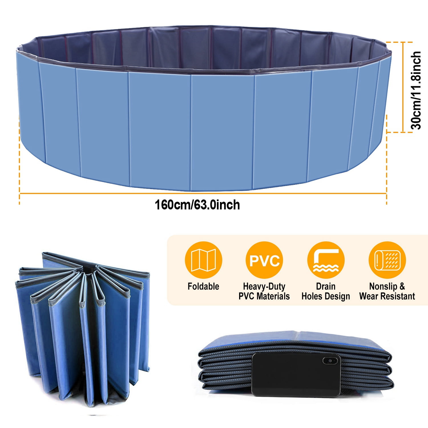 Moclever Foldable Dog Swimming Pool, 63in Kids Swimming Pool Outdoor Bathing Tub for Baby Pet, Blue