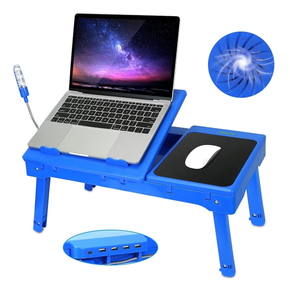 Moclever Foldable Laptop Table Notebook Desk Cooling Fan Mouse Board LED 4 x USB Ports Storage For Home Office Blue