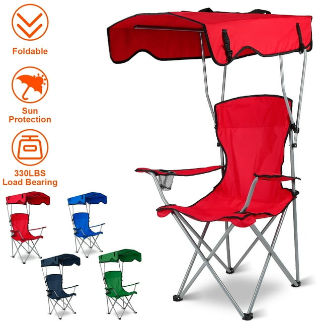 Folding Camping Chair with Shade Canopy and Cup Holder Beach Chair with