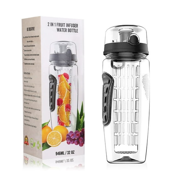 Imountek Fruit Infuser Water Bottle - 32 oz Large Leakproof Tritan Sport Bottle with Flip Top Lid, Black