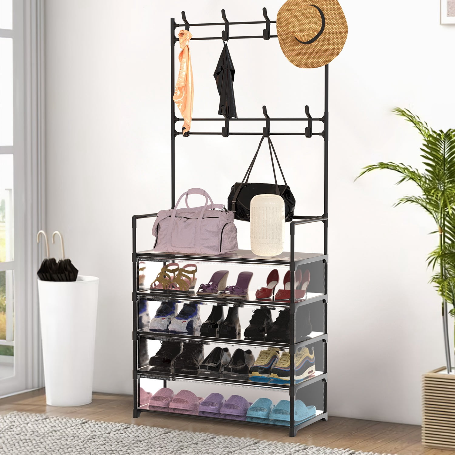 Tree Shoe Rack iMounTEK Hall Tree with Bench, 5 Tier Shoe and Coat Rack, Entryway Coat ...