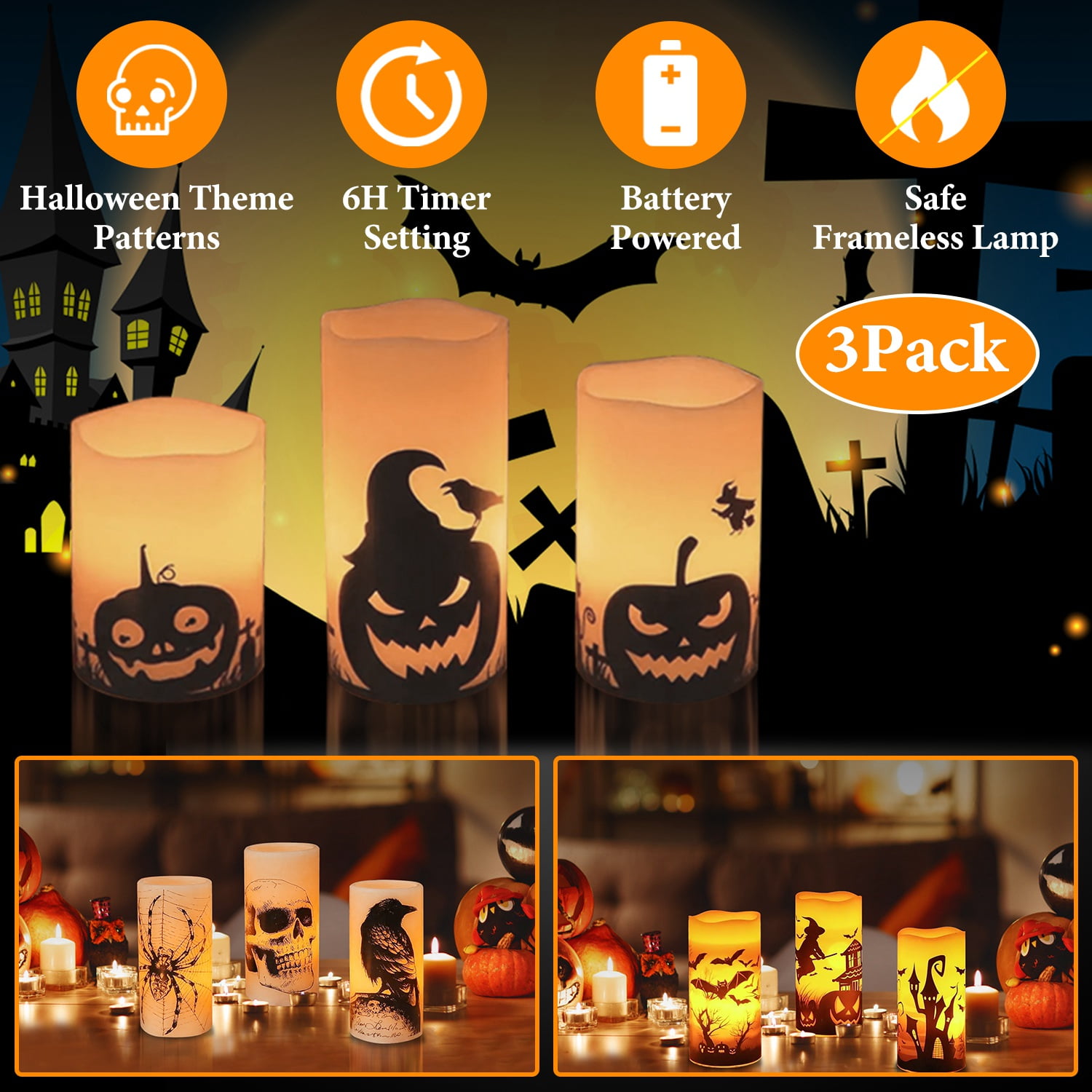 Moclever 3Pack Halloween Flameless Candles, Pumpkin Crow Bat Battery