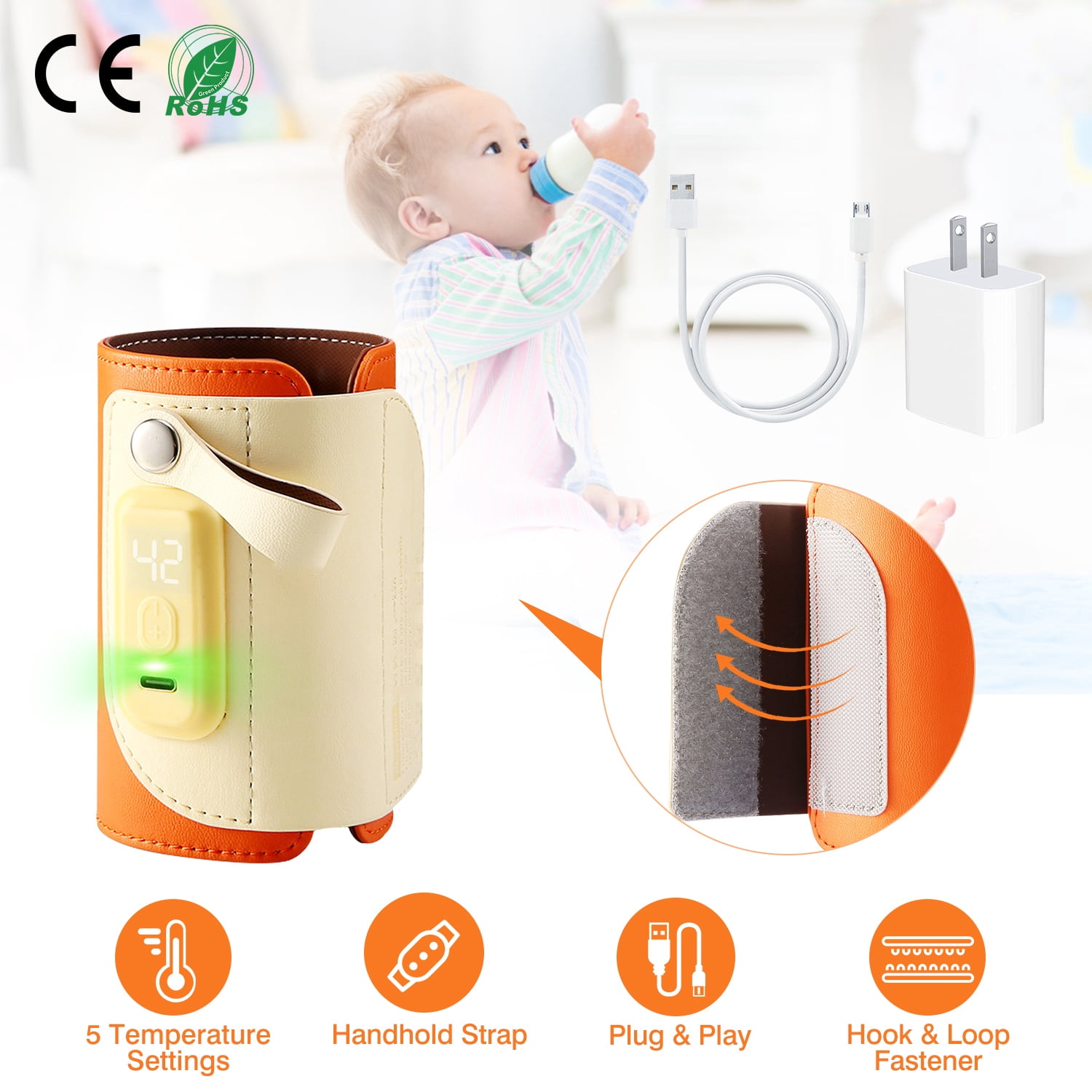 Moclever Handhold Bottle Warmer, Portable Toddler Milk Warmer with 5 Adjustable Temperature Fast Charge Adapter for Outdoor Car Travel, Orange
