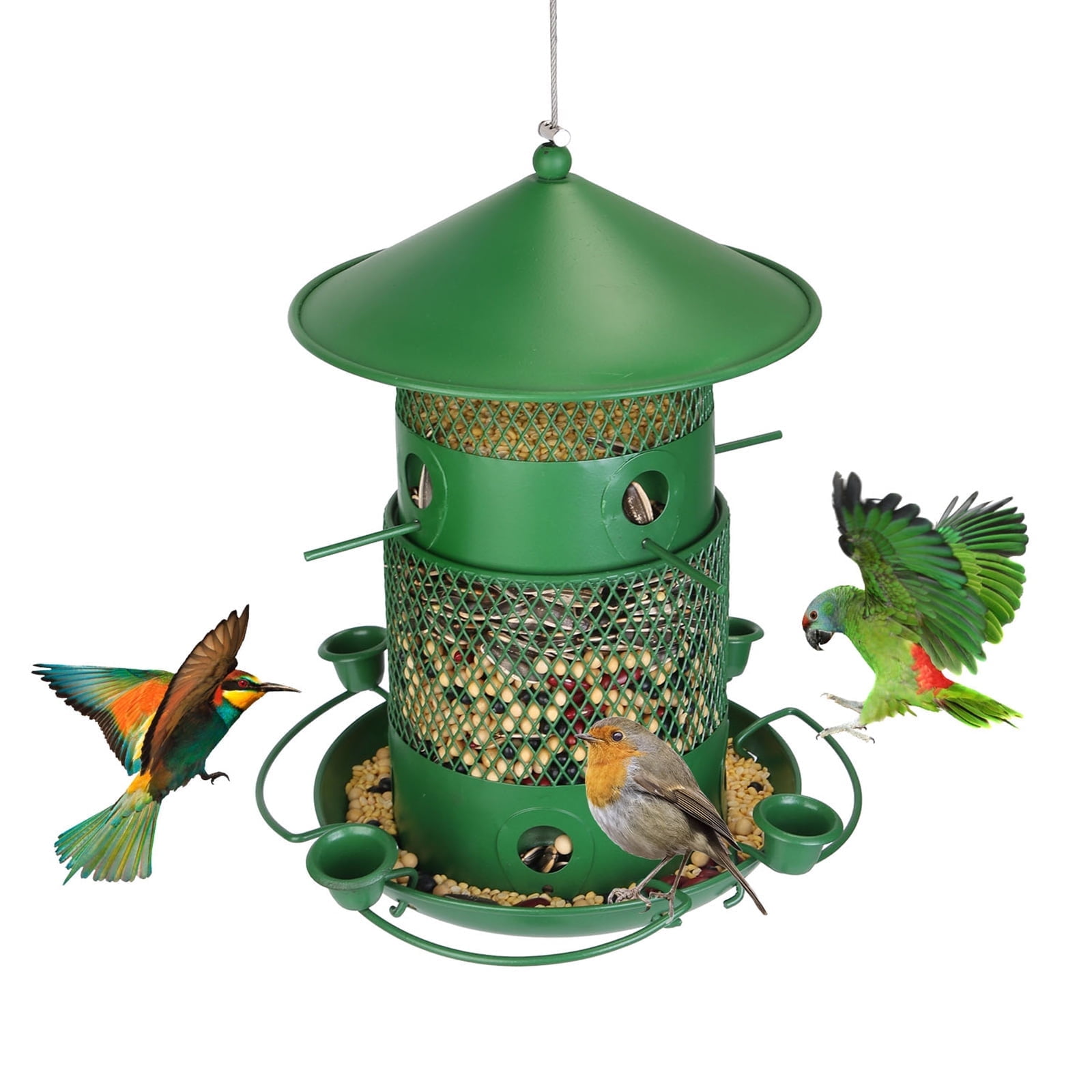 iMounTEK Hanging Wild Bird Feeder with 360° Circular Perches Water Cups quirrel-Proof Outdoor Hanging Bird Feeder, Green