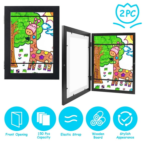 Moclever Kids Art Frame 12.99x9.52in Front Opening Wooden Frame Artwork Display Storage Frame A4 Picture Frame Wall Display for Photo Art Projects Picture Children Drawing 2 Pack, Black