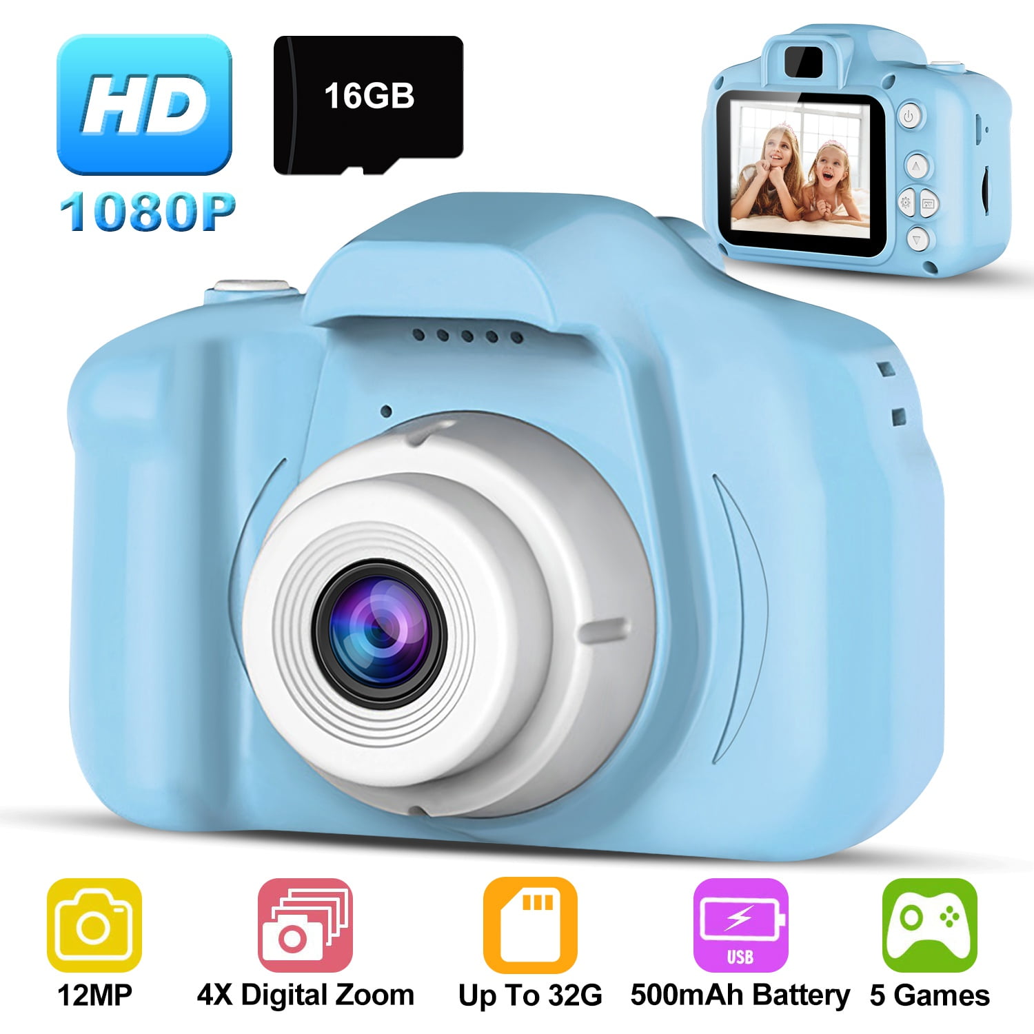 Kids Camera, Andoer Mini Kids Digital Camera 12MP 1080P HD Children  Creative Camera Video Camcorder 2 inch IPS Screen with 32GB Memory Card  Games Mode for Boys and Girls Kids (Blue Cow)