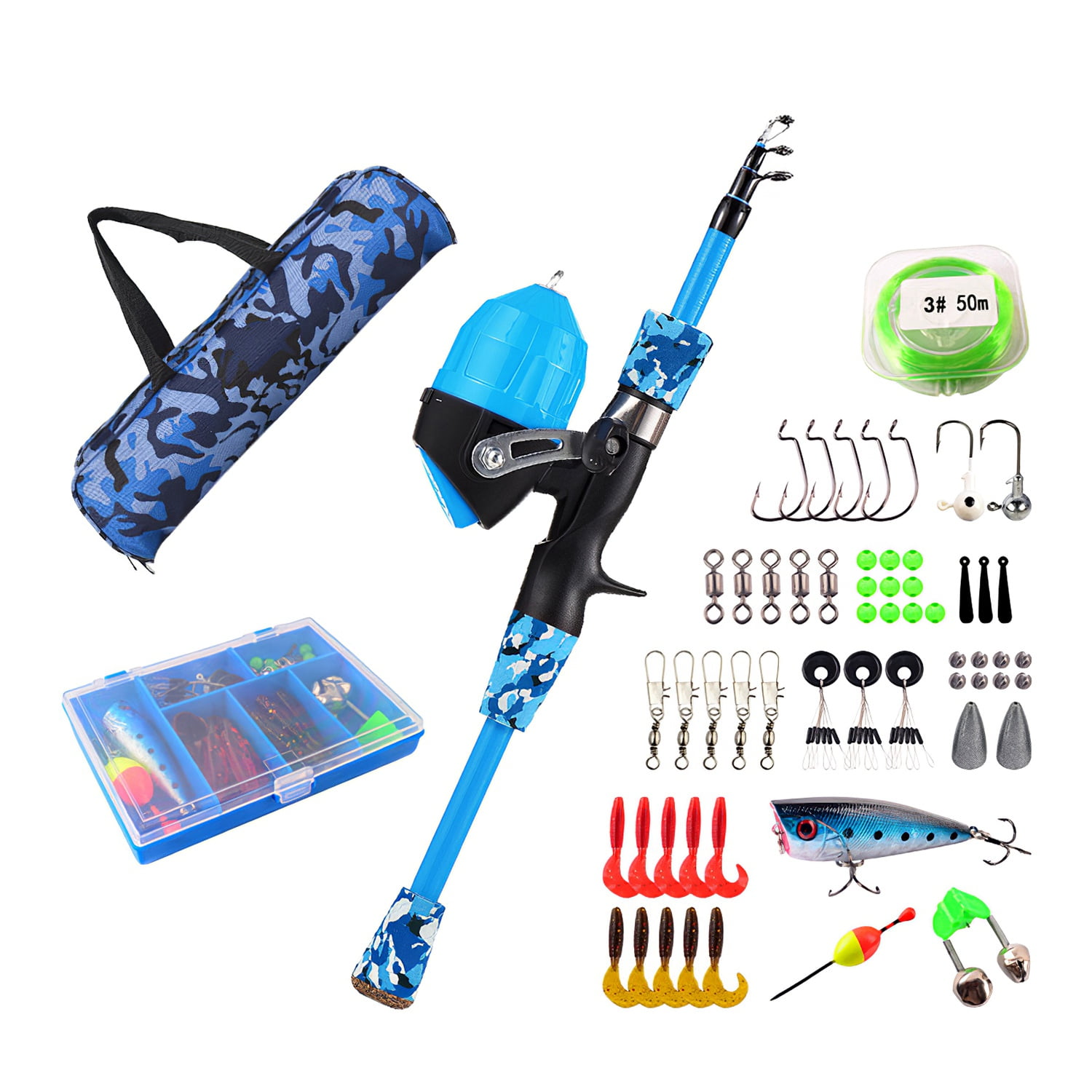 iMounTEK Kids Fishing Pole Set with 56Pcs Fishing Lures 4ft Telescopic Fishing Rod and Reel Combo Kit Gift for Boys Girls, Blue