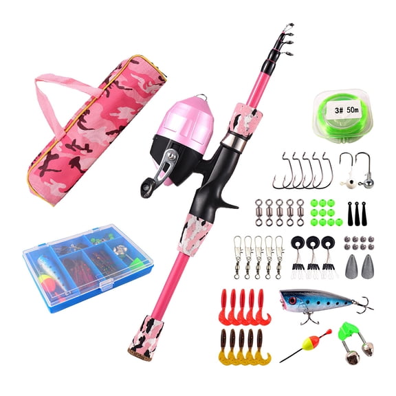 iMounTEK Kids Fishing Pole Set with 56Pcs Fishing Lures 5ft Telescopic Fishing Rod and Reel Combo Kit Gift for Boys Girls, Pink