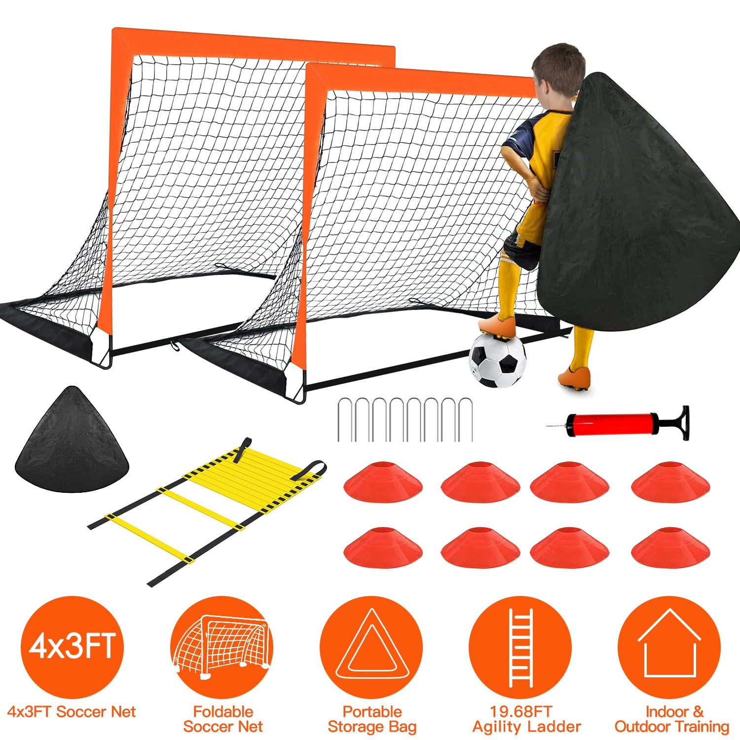 iMounTEK Kids Soccer Goals for Backyard Set 2 of 4' x 3' Portable Soccer Goal Training Equipment Toddler Soccer Net with Soccer Ball