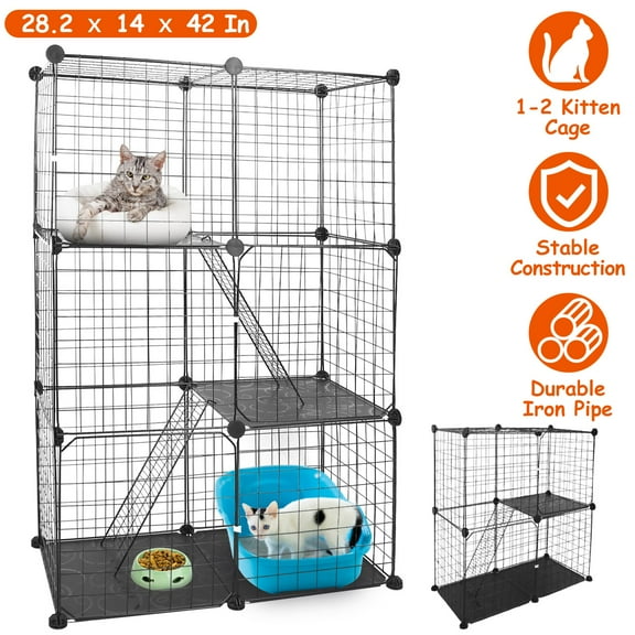 iMounTEK Large 3 Tier Cat Metal Fence, Detachable Crate Kennel with 2 Ladders Large Cat Cage Indoor for 1-2 Cats, Black