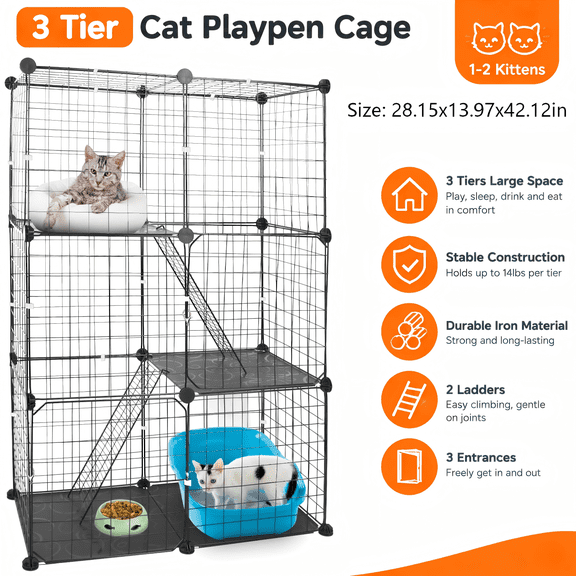 Imountek Large 3 Tier Cat Metal Fence, Detachable Crate Kennel with 2 Ladders, Cat Playpen Cage Indoor for 1-2 Small Pets, Black